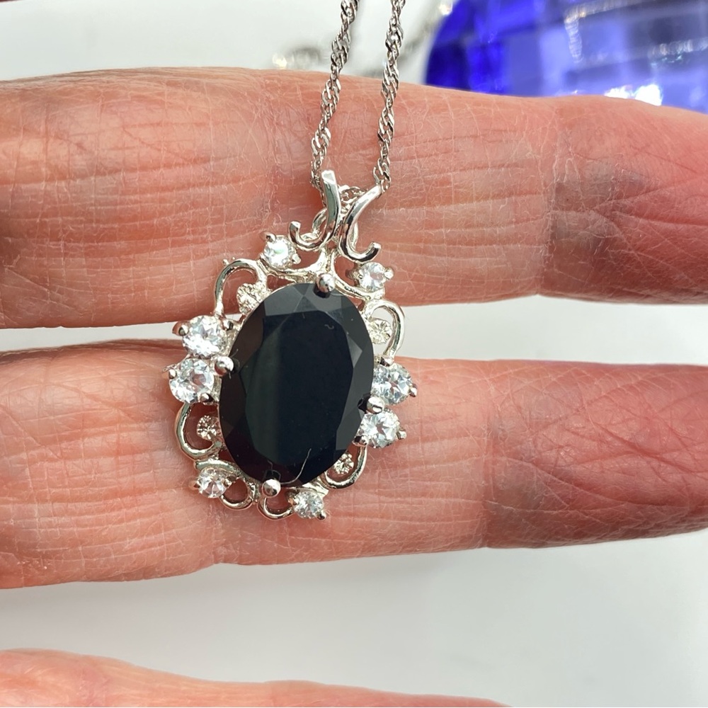 VJ Italy .925 Black Stone Pendant Filigree Rhinestones On 17' Chain - Picture 11 of 12